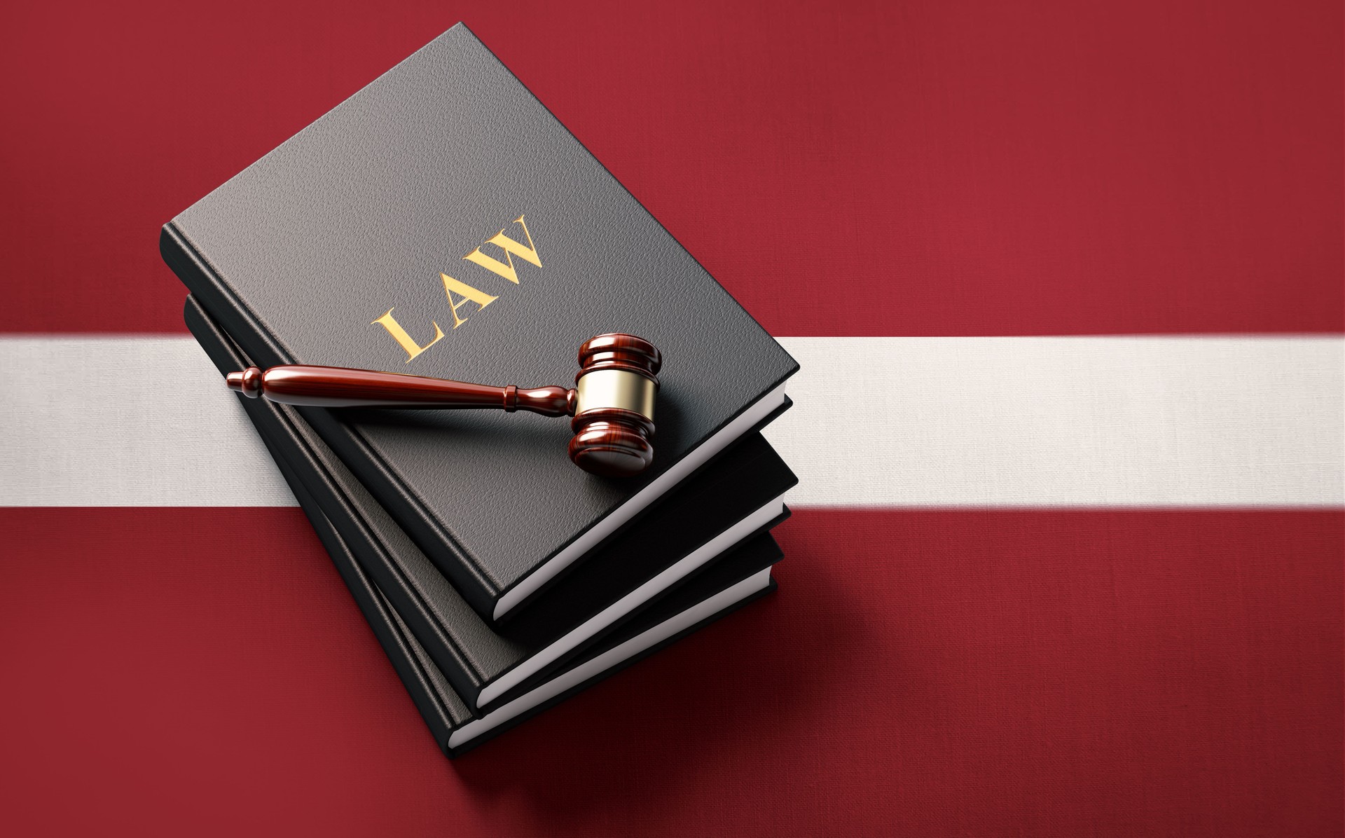Gavel and Law Books on Latvian Flag: Latvian Constitution and Justice Concept